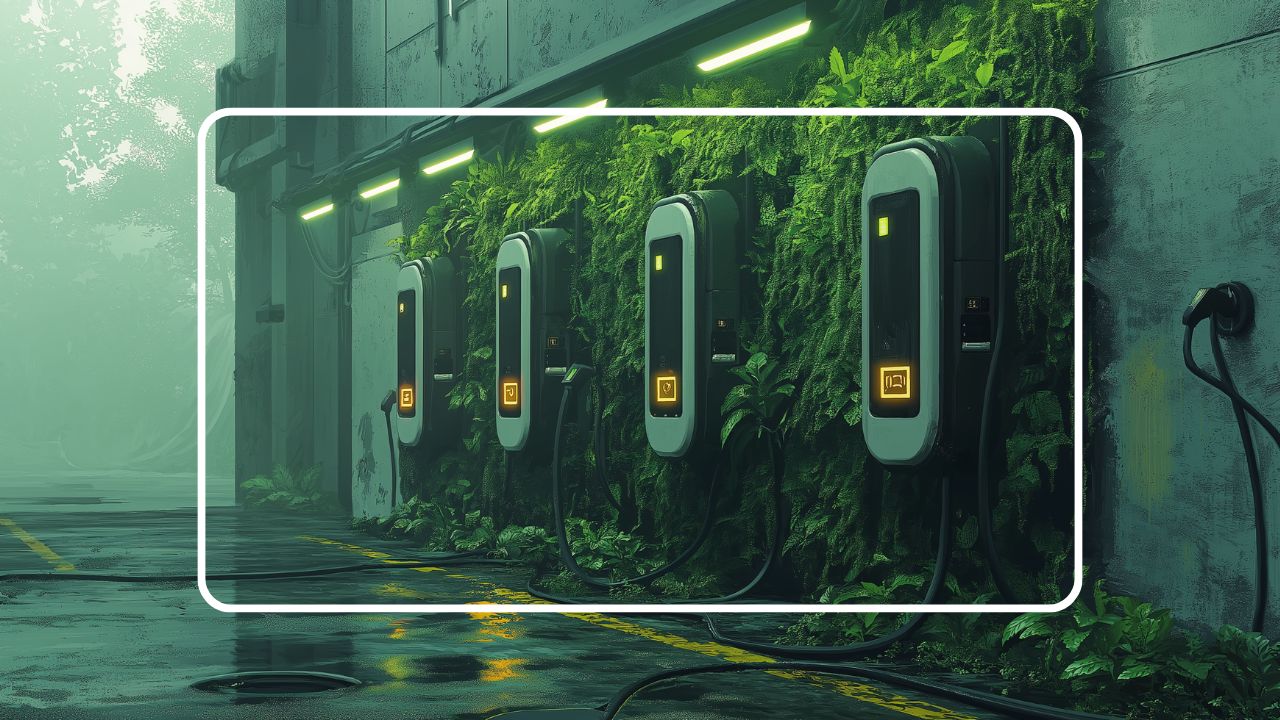 Row of electric vehicle charging stations mounted on a wall covered in green plants