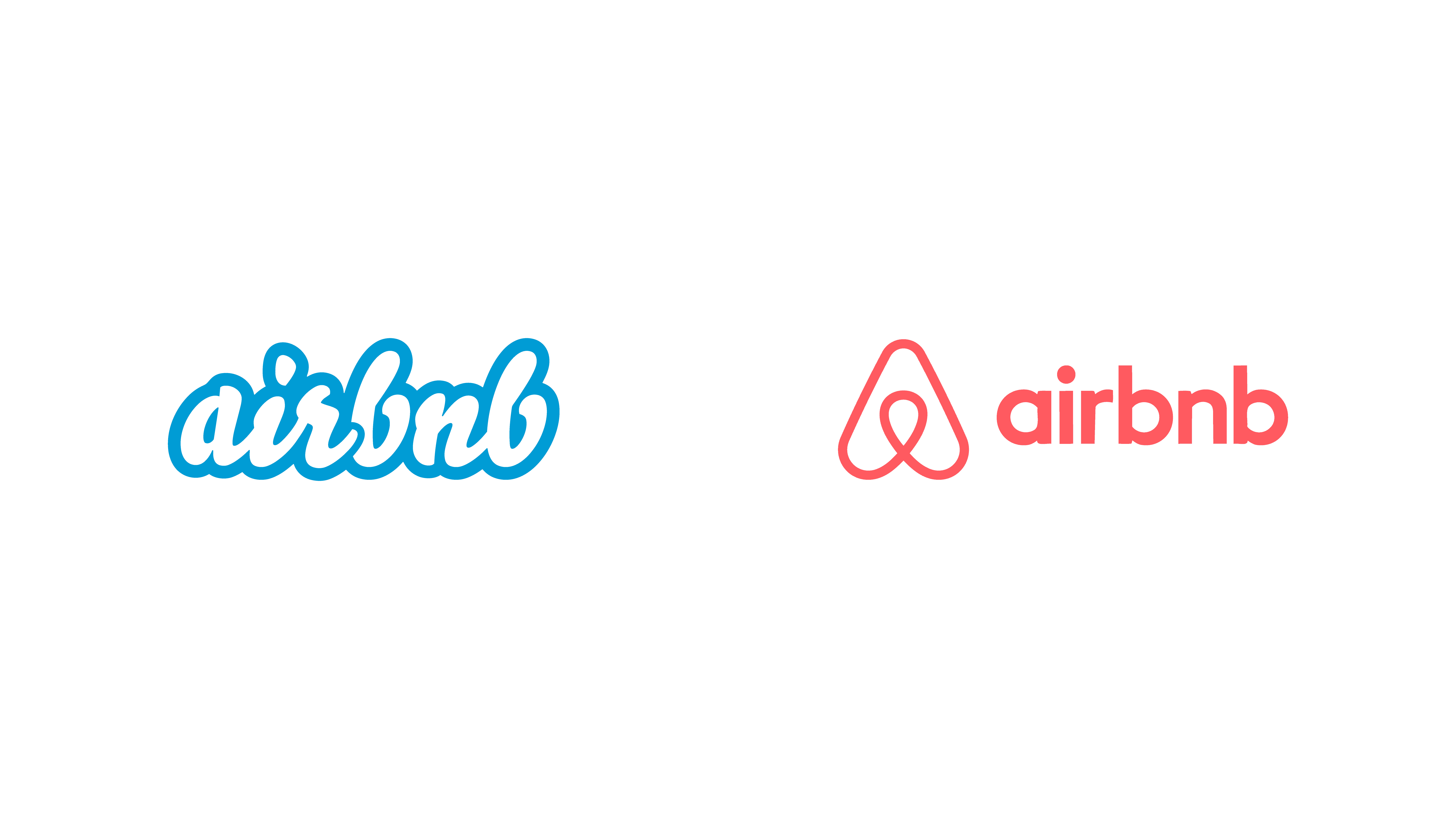 Before and after Airbnb rebranding showing the evolution from the original script logo to the modern Airbnb symbol and wordmark