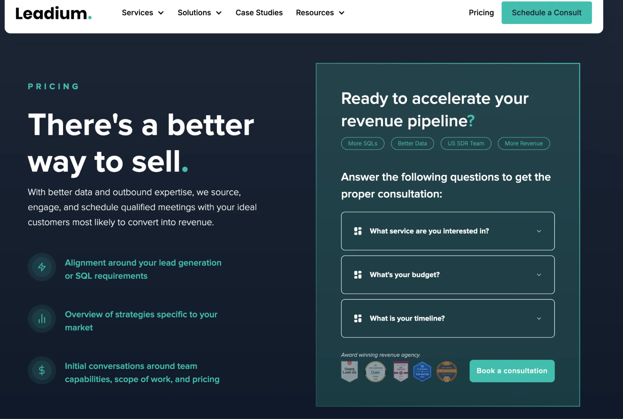 Leadium pricing page: custom quote consultation form