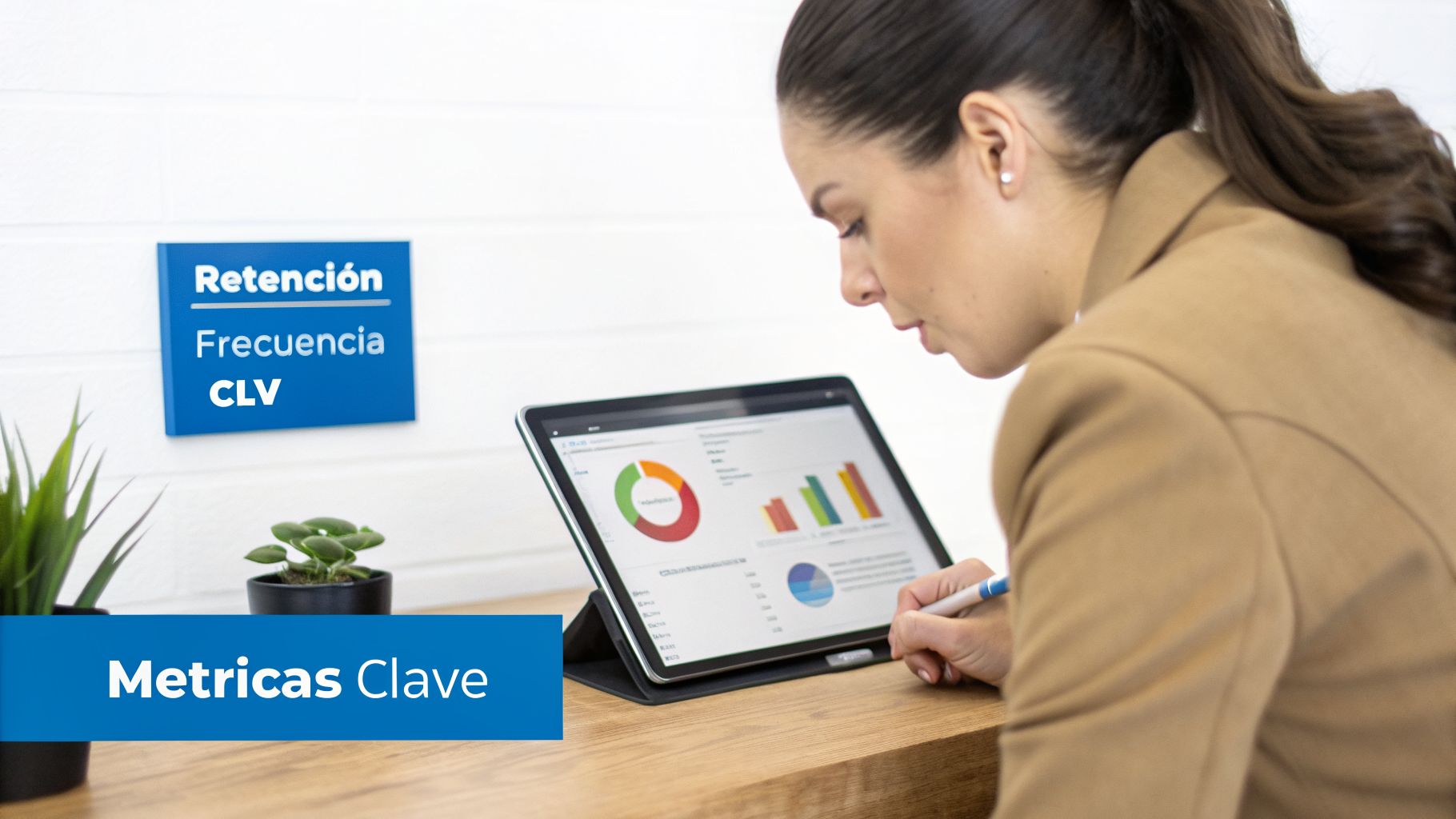 Una mujer analiza datos en una tableta con gráficos, junto a un cartel que muestra