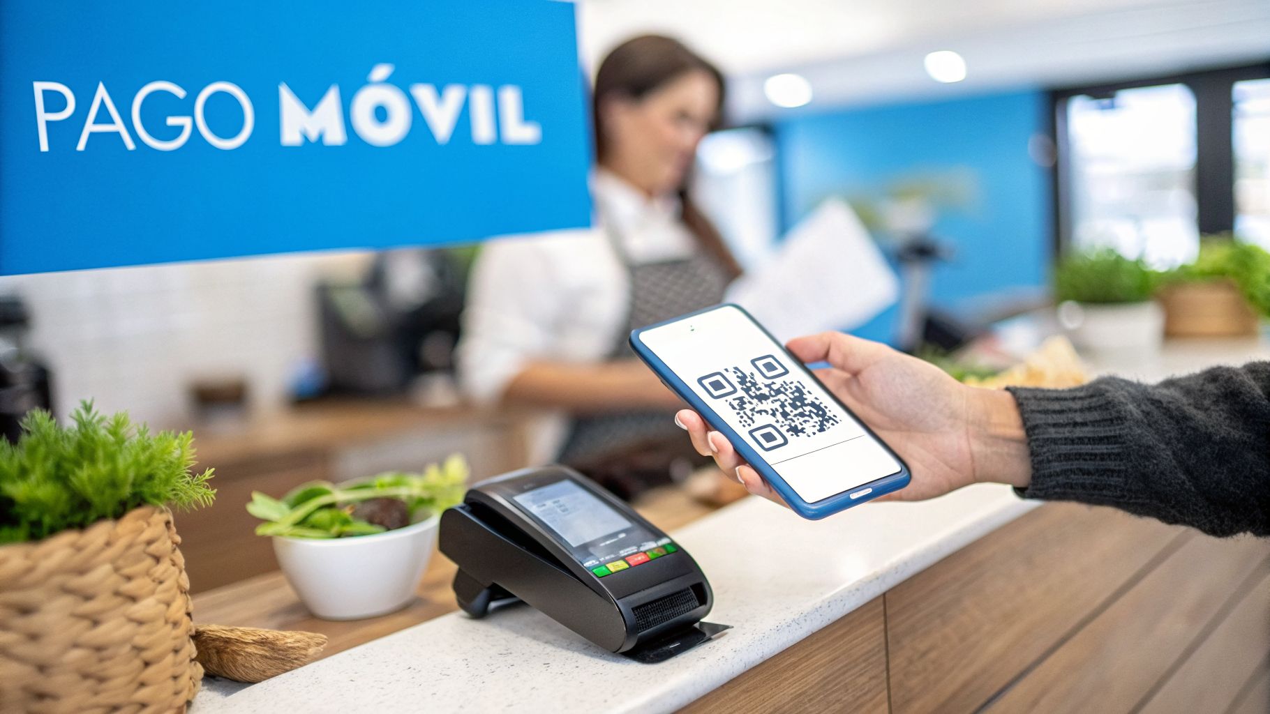 Mano sosteniendo un smartphone con código QR para pago móvil en un mostrador, con terminal de punto de venta.