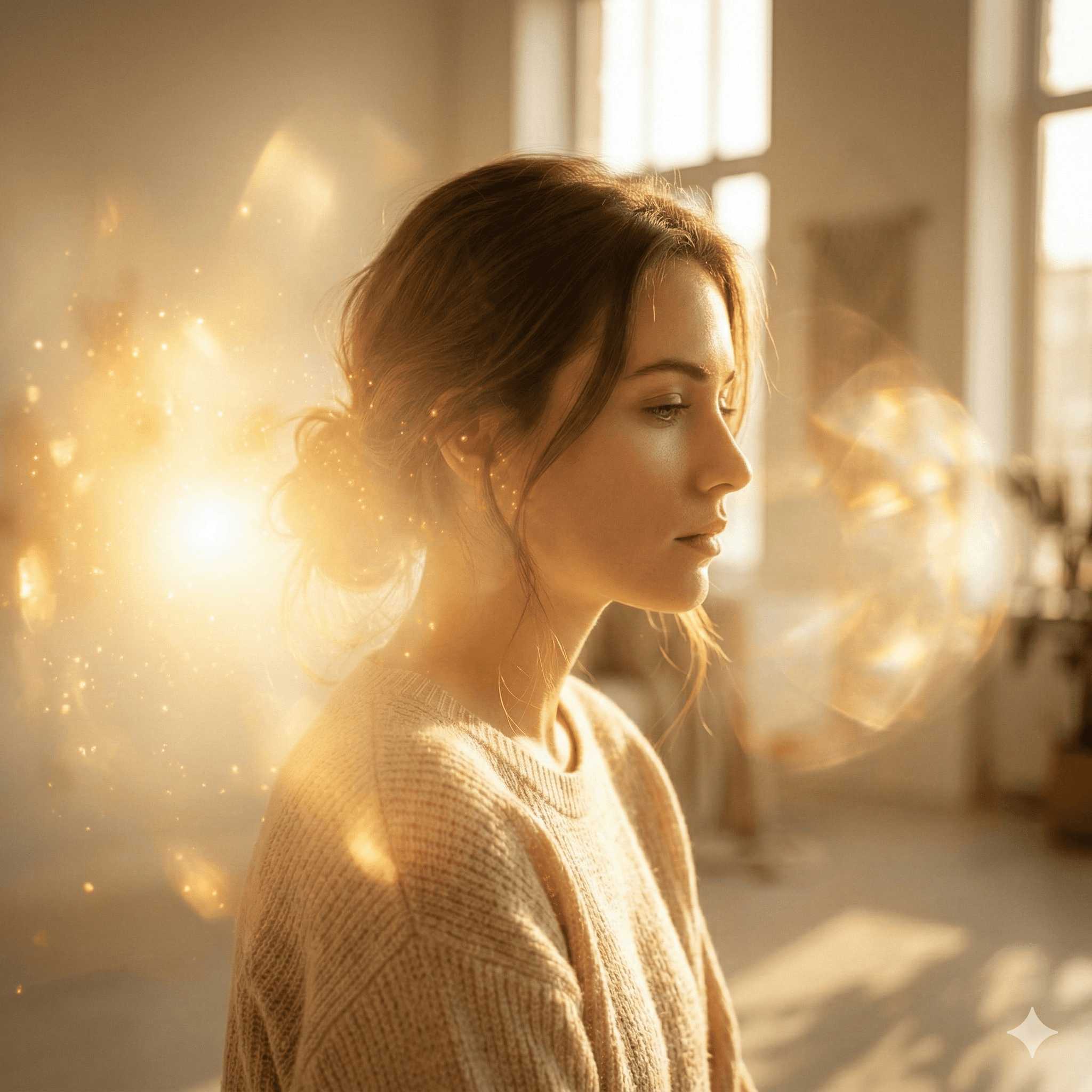Une femme triste et pensive, enveloppée dans un brouillard doré symbolique, illustrant les symptômes et le "brouillard mental" liés à la dysbiose (déséquilibre du microbiote).