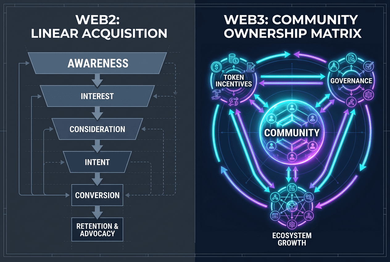 Comparison diagram showing the linear Web2 acquisition funnel versus the interconnected Web3 community ownership matrix for crypto infrastructure.