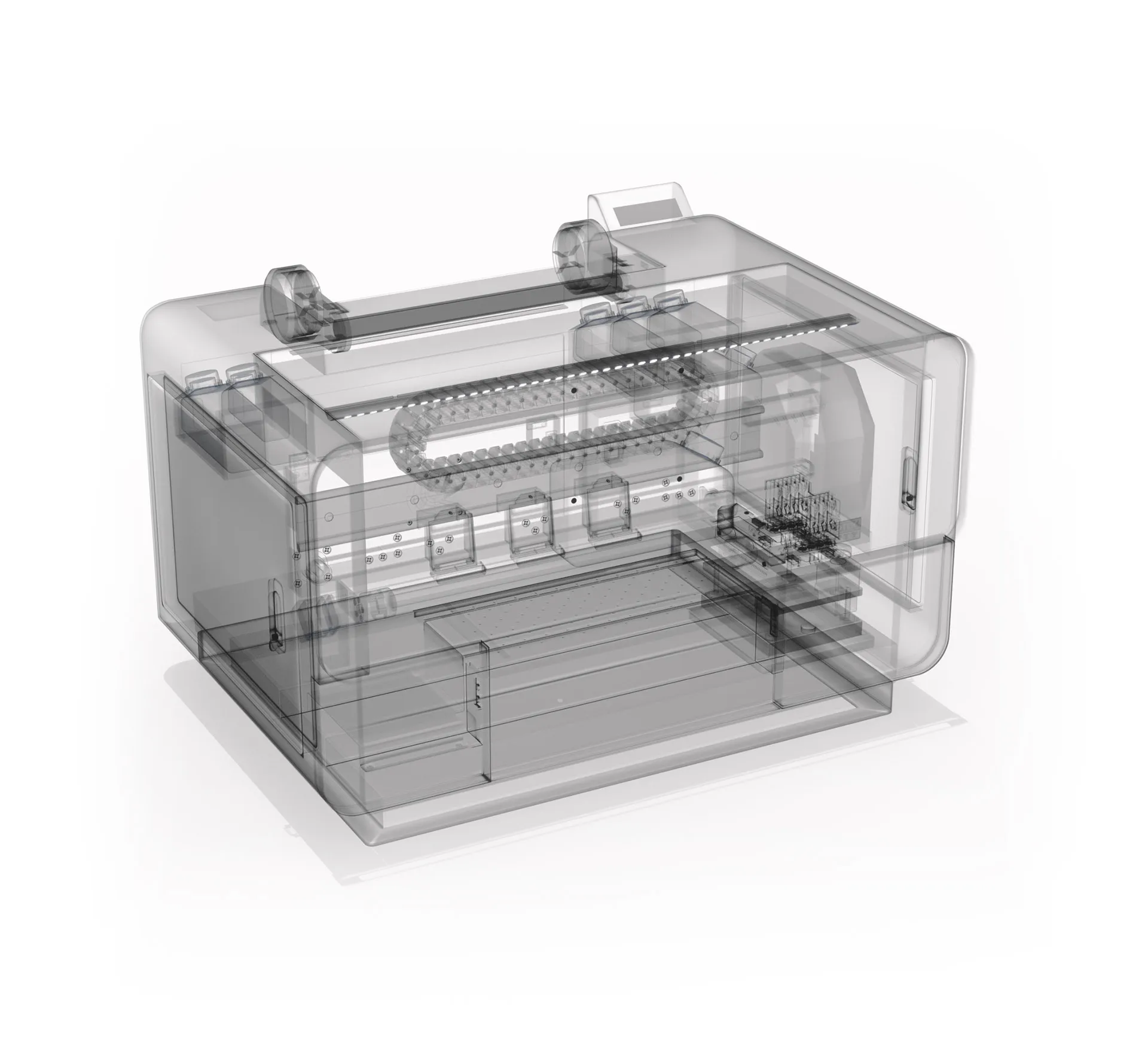 Transparent 3D view of the Gravity Studio DTF printer revealing its precise internal mechanics and compact design