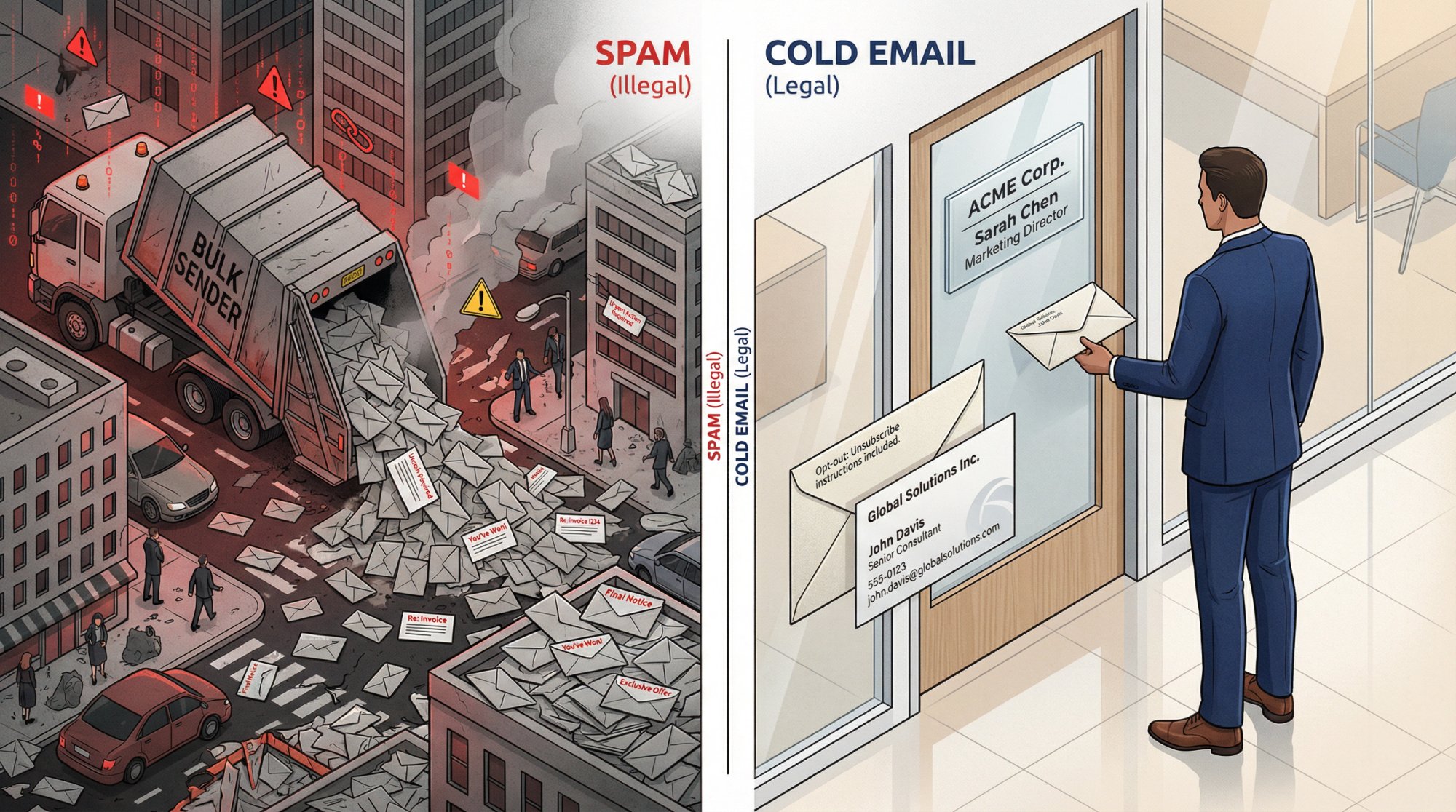 Split illustration contrasting targeted cold email delivery versus chaotic spam mass-blasting approach