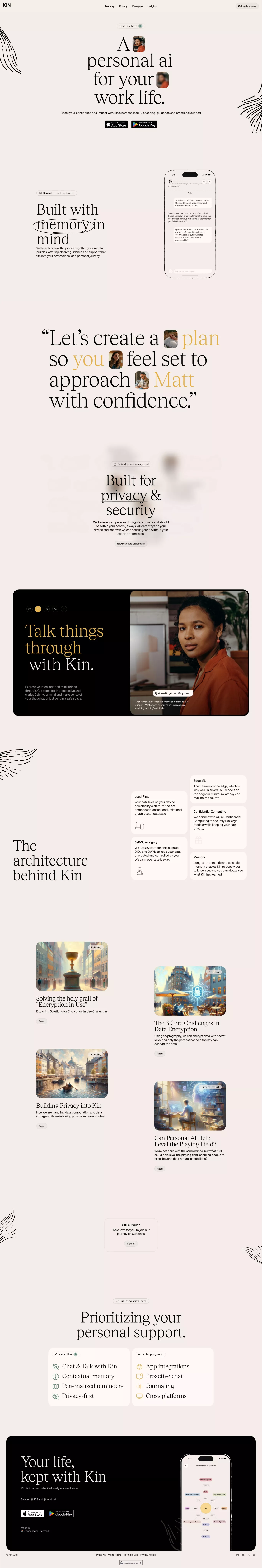 Kin - A personal AI for your private lif landing page screenshot showcasing Health & Fitness design