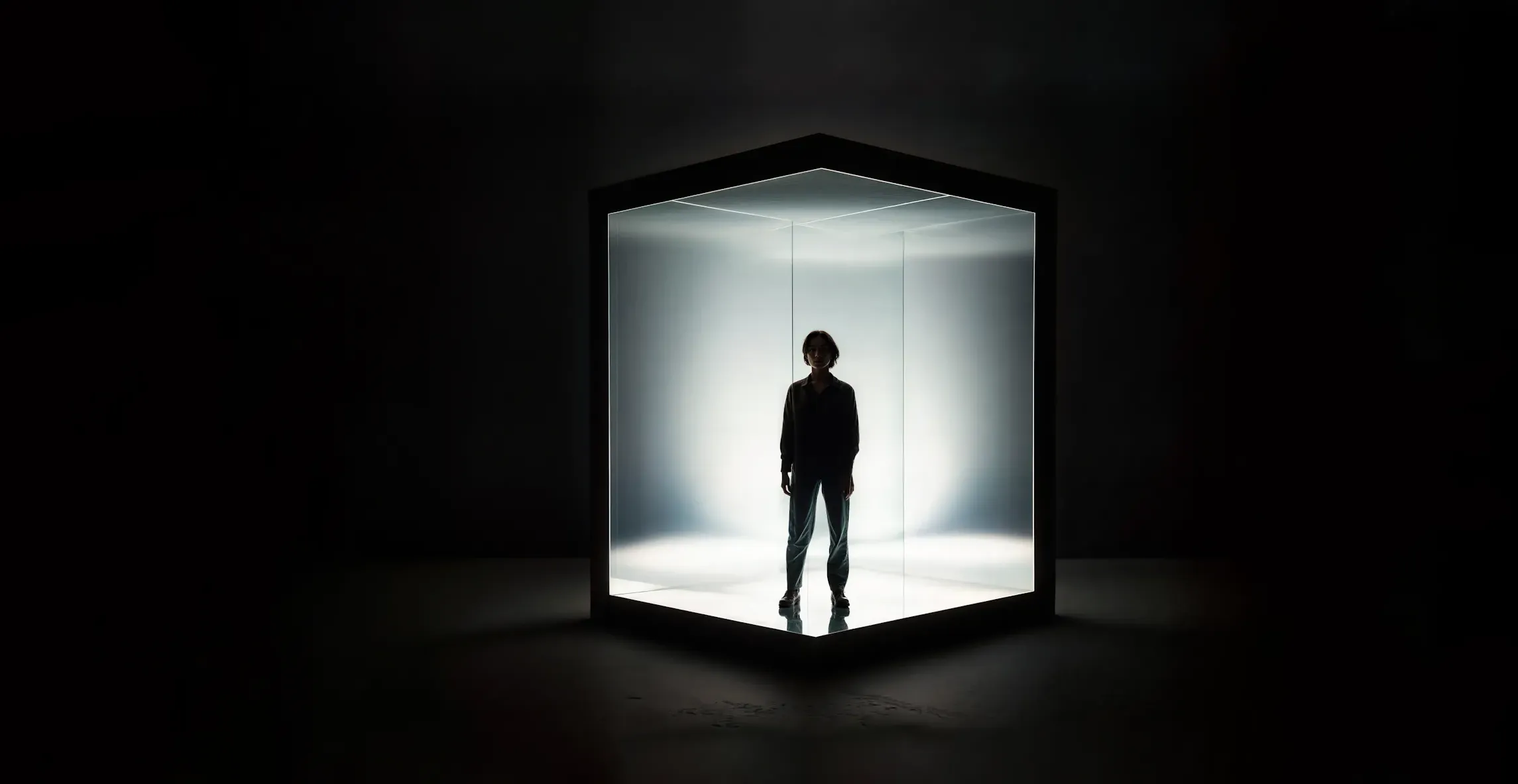 Silhouetted Person in Illuminated Glass Cube 