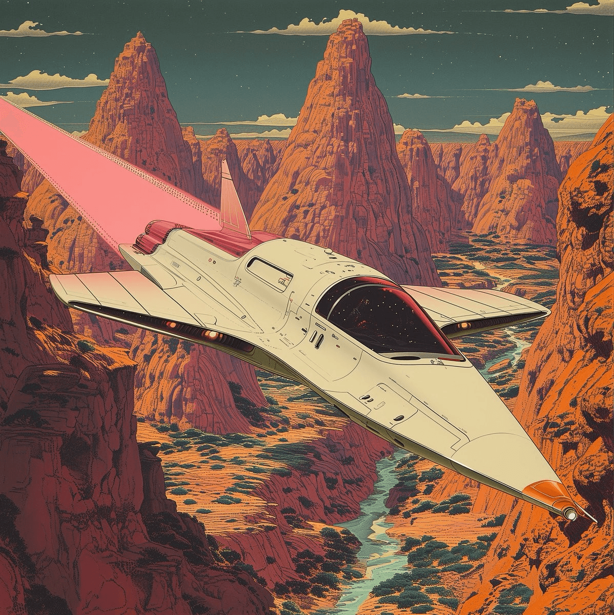 Yüksek kaya oluşumlarının bulunduğu bir kanyonun üzerinde süzülen fütüristik uzay gemisi. Sahne canlı, gerçeküstü bir renk paletine ve macera duygusuna sahip.