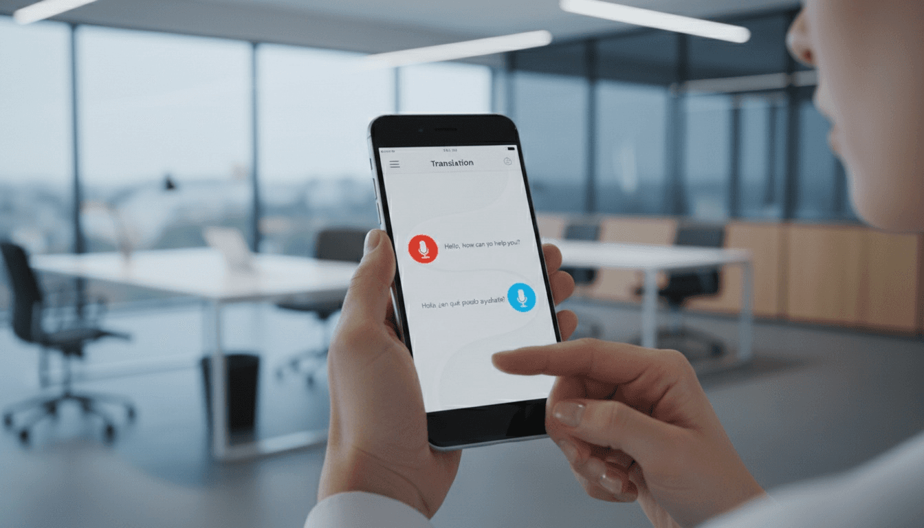 Woman uses translation app on smartphone -  Voice Over App