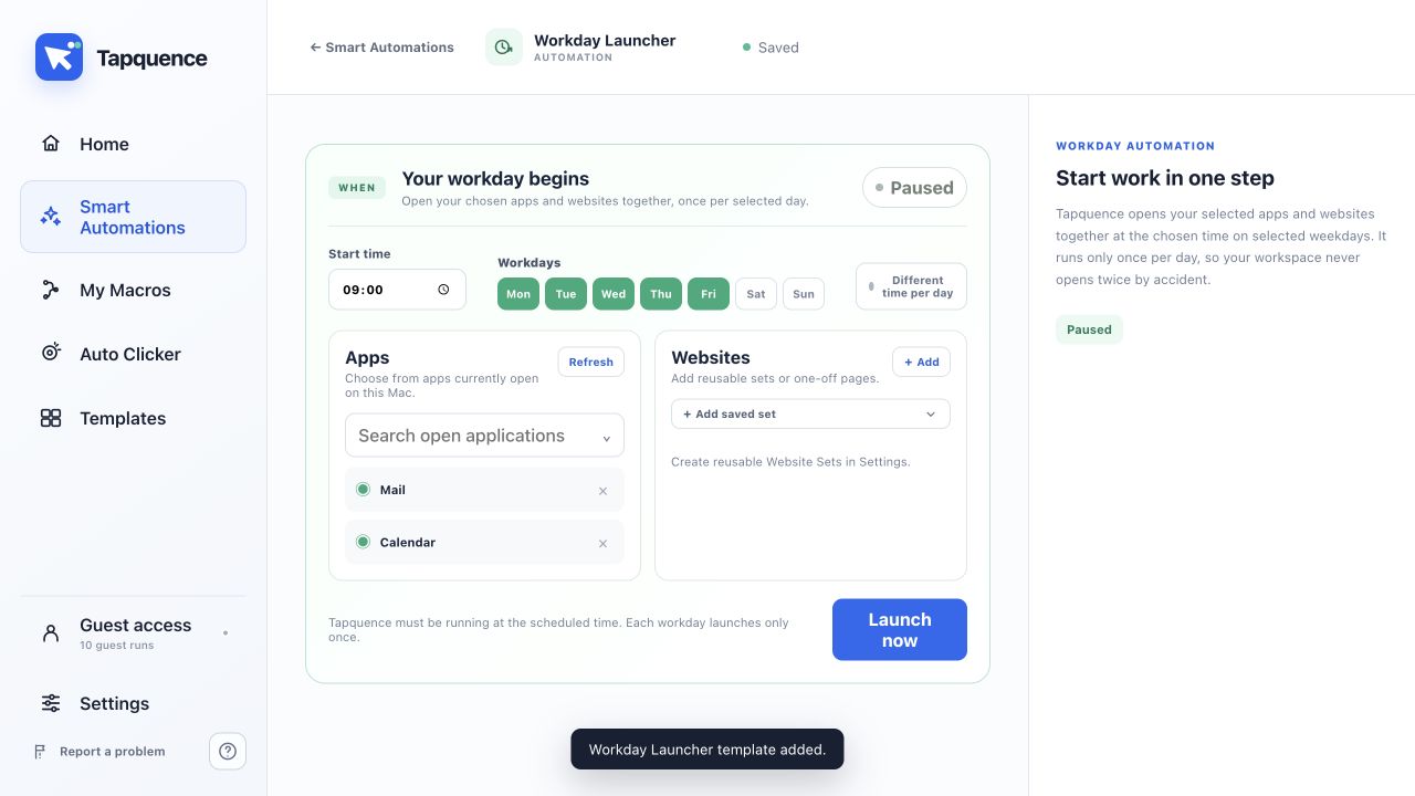 Workday Launcher settings with weekday schedule, applications and websites in Tapquence