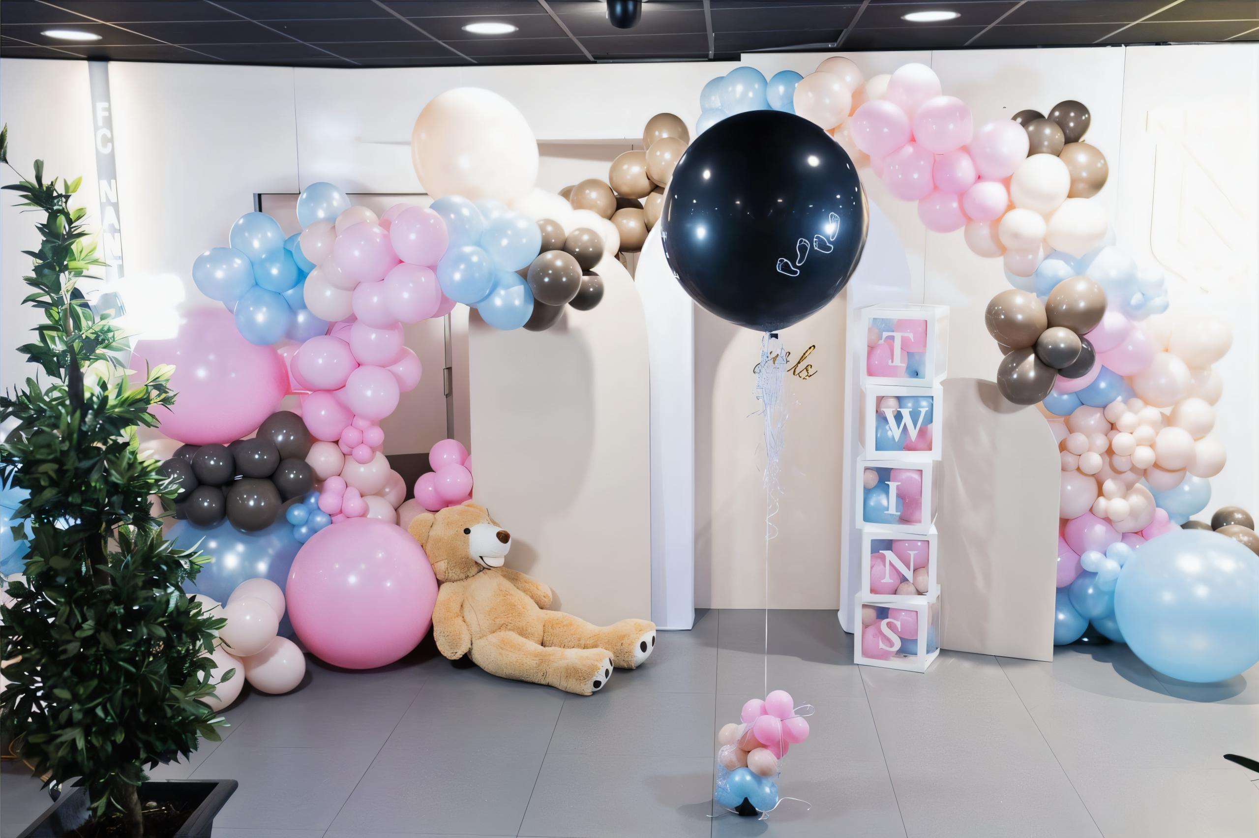 Gender reveal de deux jumelles avec des arches organiques colorées et des structures bois au stade de la Beaujoire à Nantes