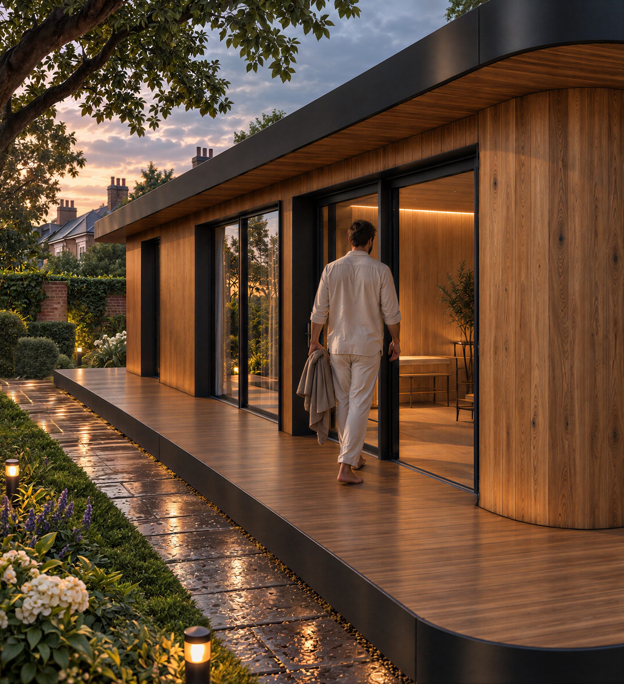 Front deck at dusk, architectural visualization