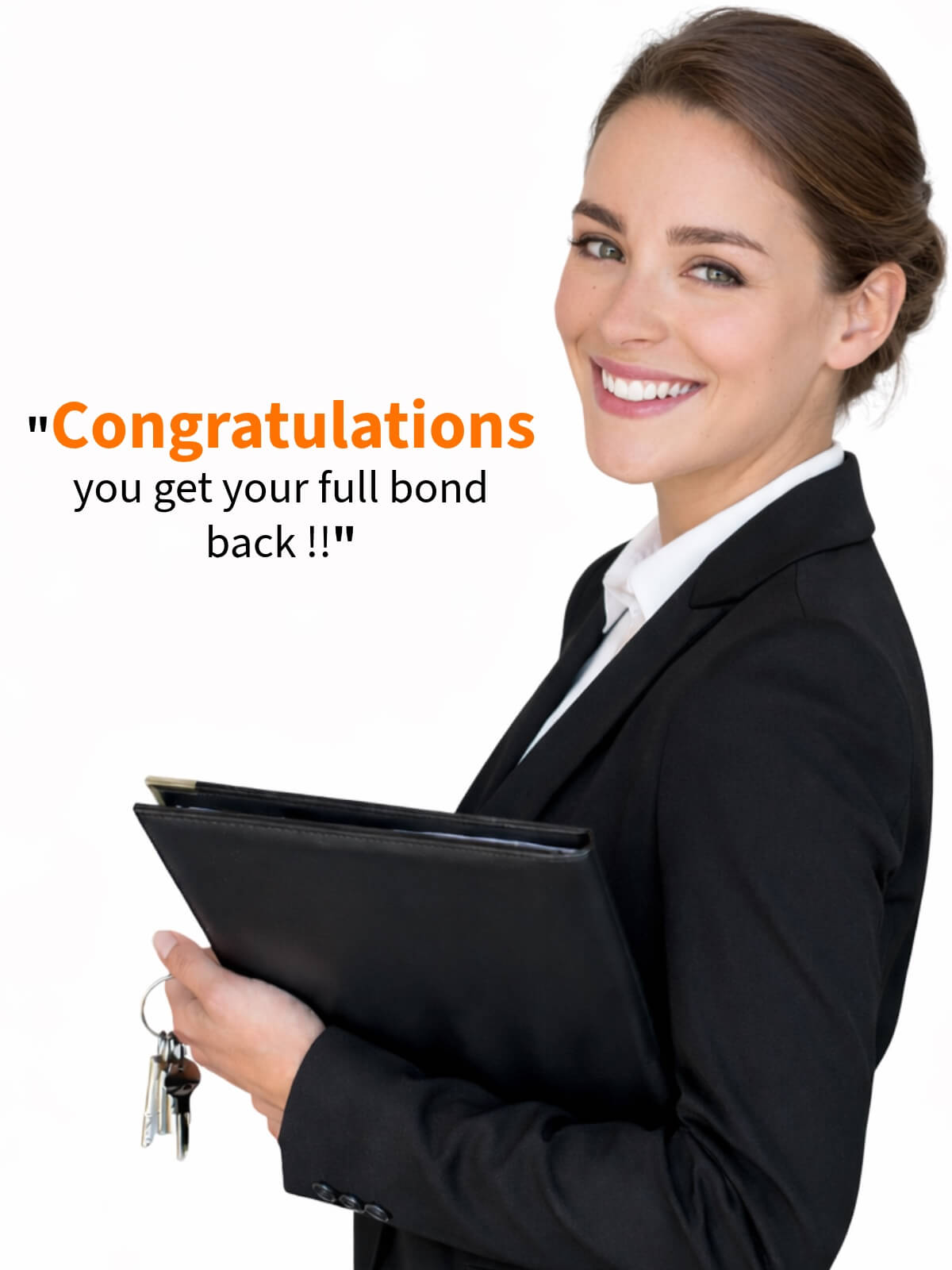 Real estate agent smiling, congratulating for getting the full bond back. bond back guarantee