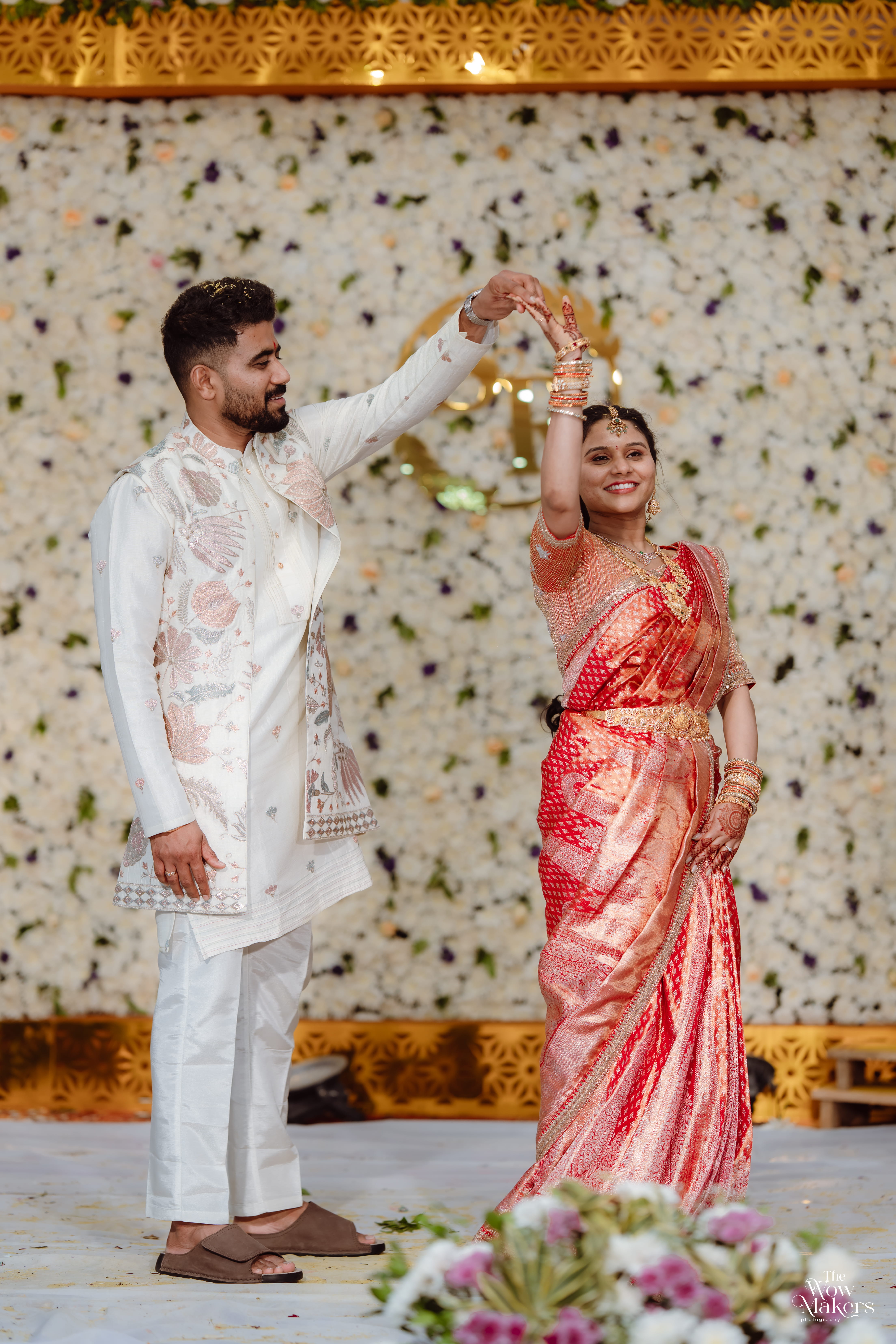 Engagement and blessing ceremony photo collage with floral backdrop, couple in ivory and pink traditional wear, by Wow Makers wedding photography in Hyderabad, India.