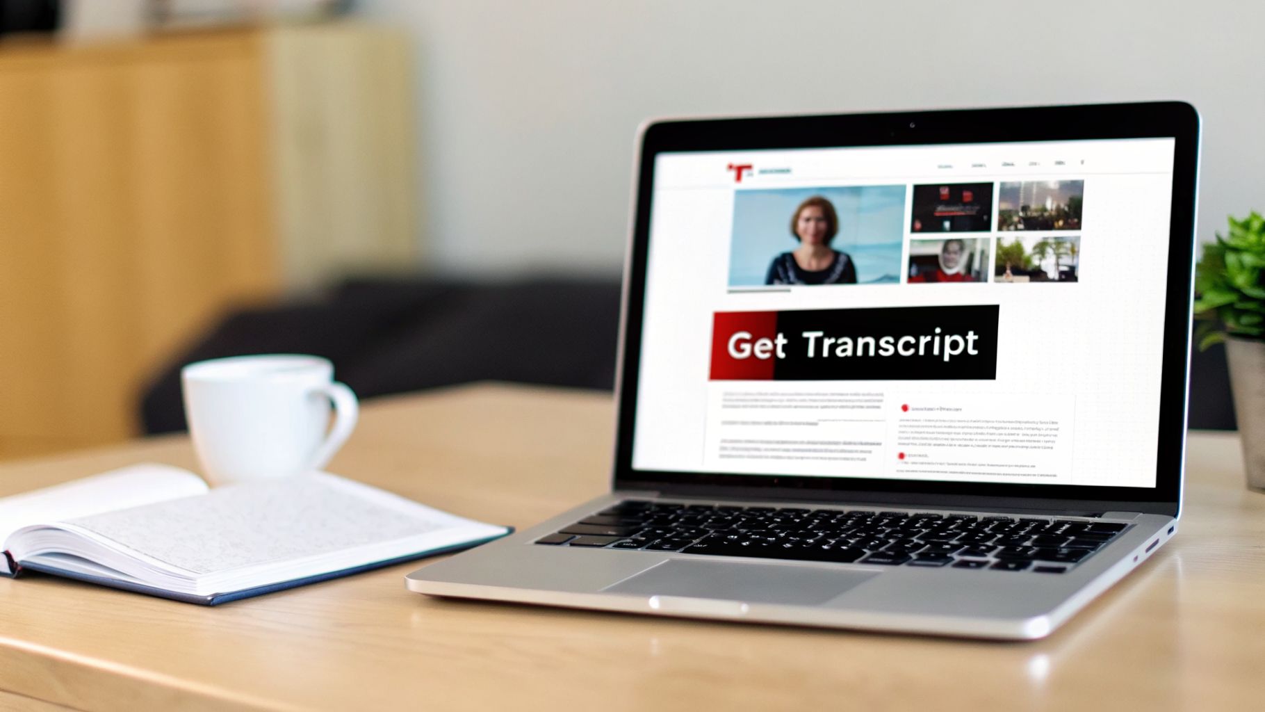 Laptop displaying a 'Get Transcript' page, with a coffee cup and open book on a wooden desk.