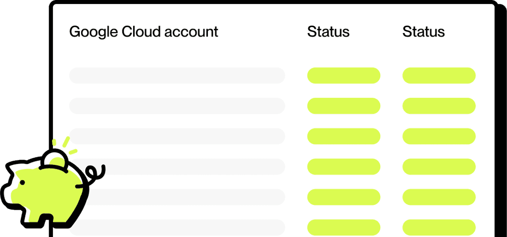 A stylized illustration features a piggy bank in the bottom left corner, with a table displaying Google Cloud account status and corresponding data highlighted in green on the right, emphasizing digital financial management.