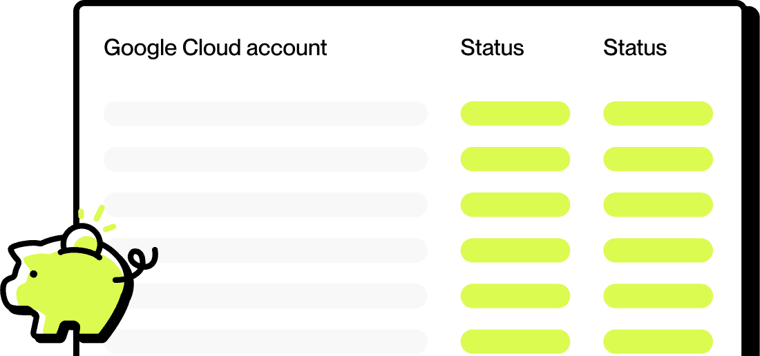 A stylized illustration features a piggy bank in the bottom left corner, with a table displaying Google Cloud account status and corresponding data highlighted in green on the right, emphasizing digital financial management.