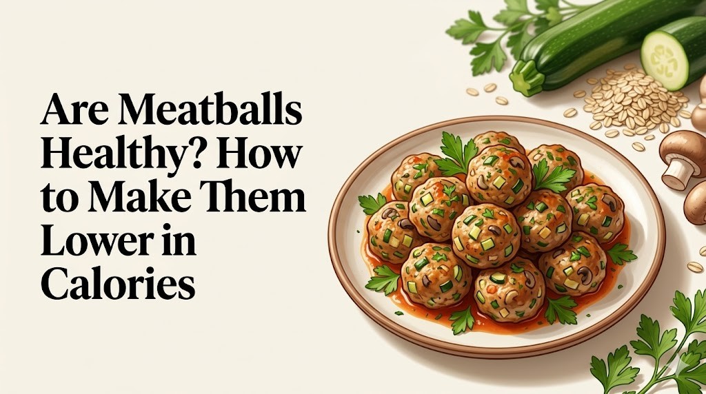 An infographic and healthy food blog hero image featuring a plate of healthy, low-calorie turkey and vegetable meatballs (including zucchini, mushrooms, and oats) garnished with parsley in light marinara sauce. It includes the bold text title: "Are Meatballs Healthy? How to Make Them Lower in Calories."