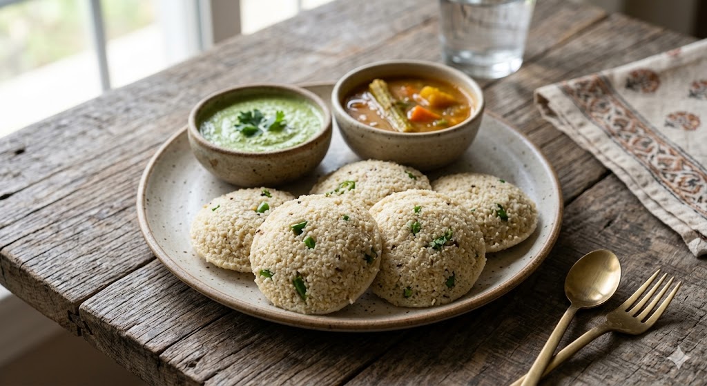 A plate of healthy, textured dalia idli garnished with fresh herbs, served with coconut chutney and vegetable sambar on a rustic wooden table.