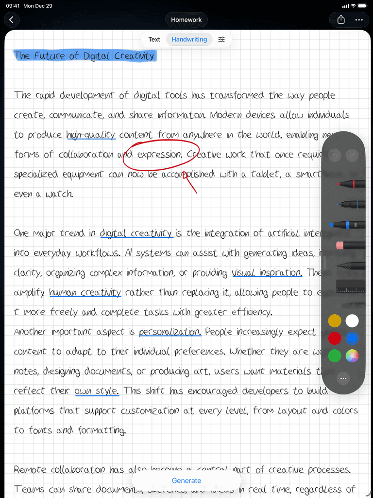 Handwriting editing tools with eraser and highlighter in Conwrite app on iPad