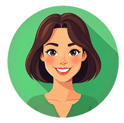 A playful, cartoon-style image of a smiling woman with short brown hair, set against a bright green circular background.