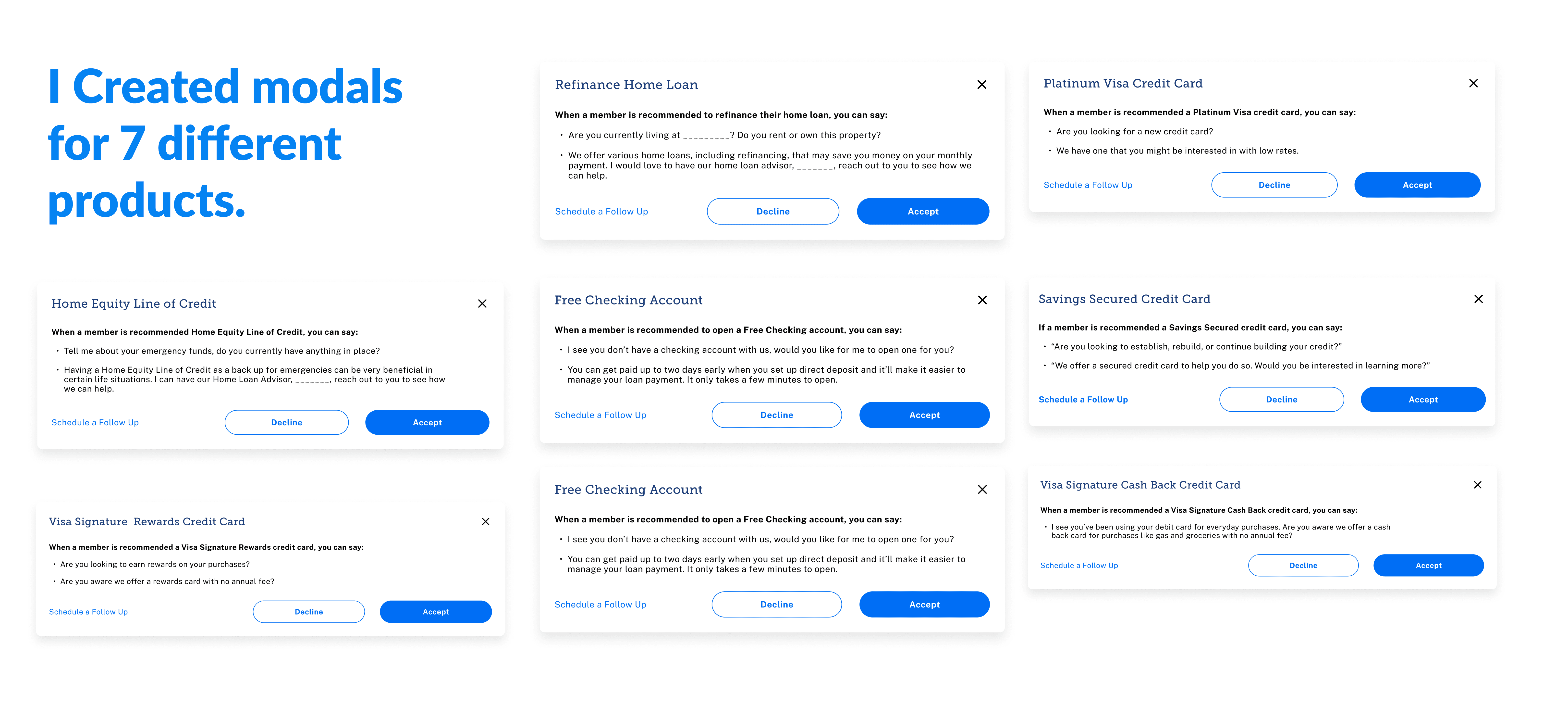 I mockup of seven different Next Best Product Modals with the text: "I Created modals for 7 different products."