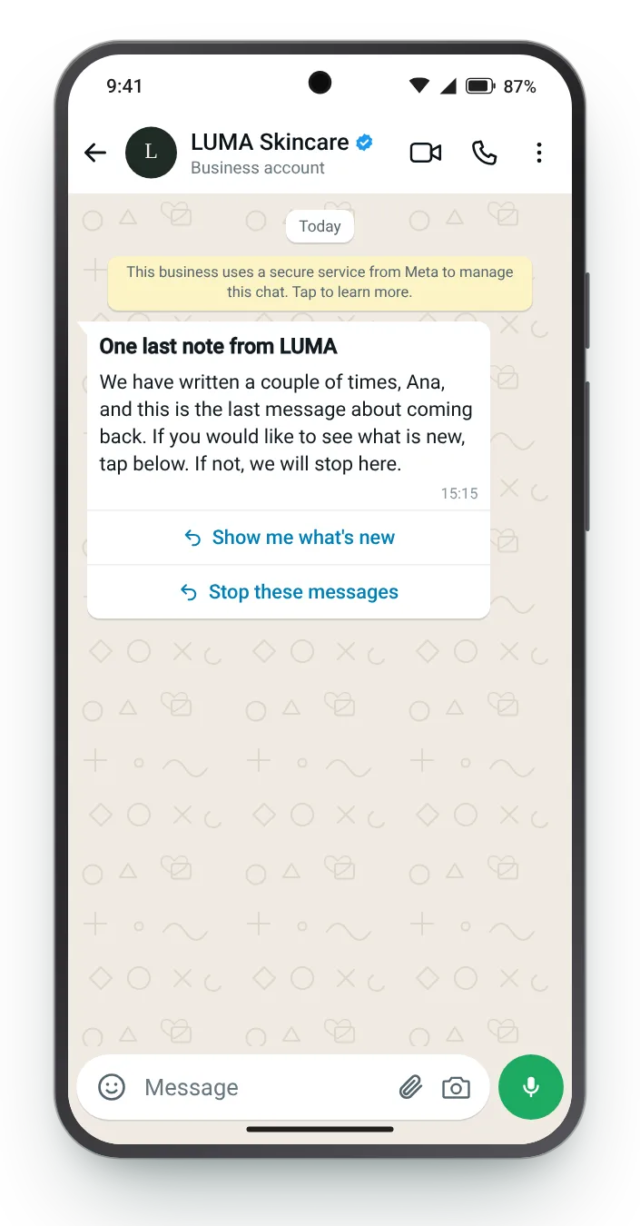 The final win-back message: WhatsApp win-back message on an Android phone