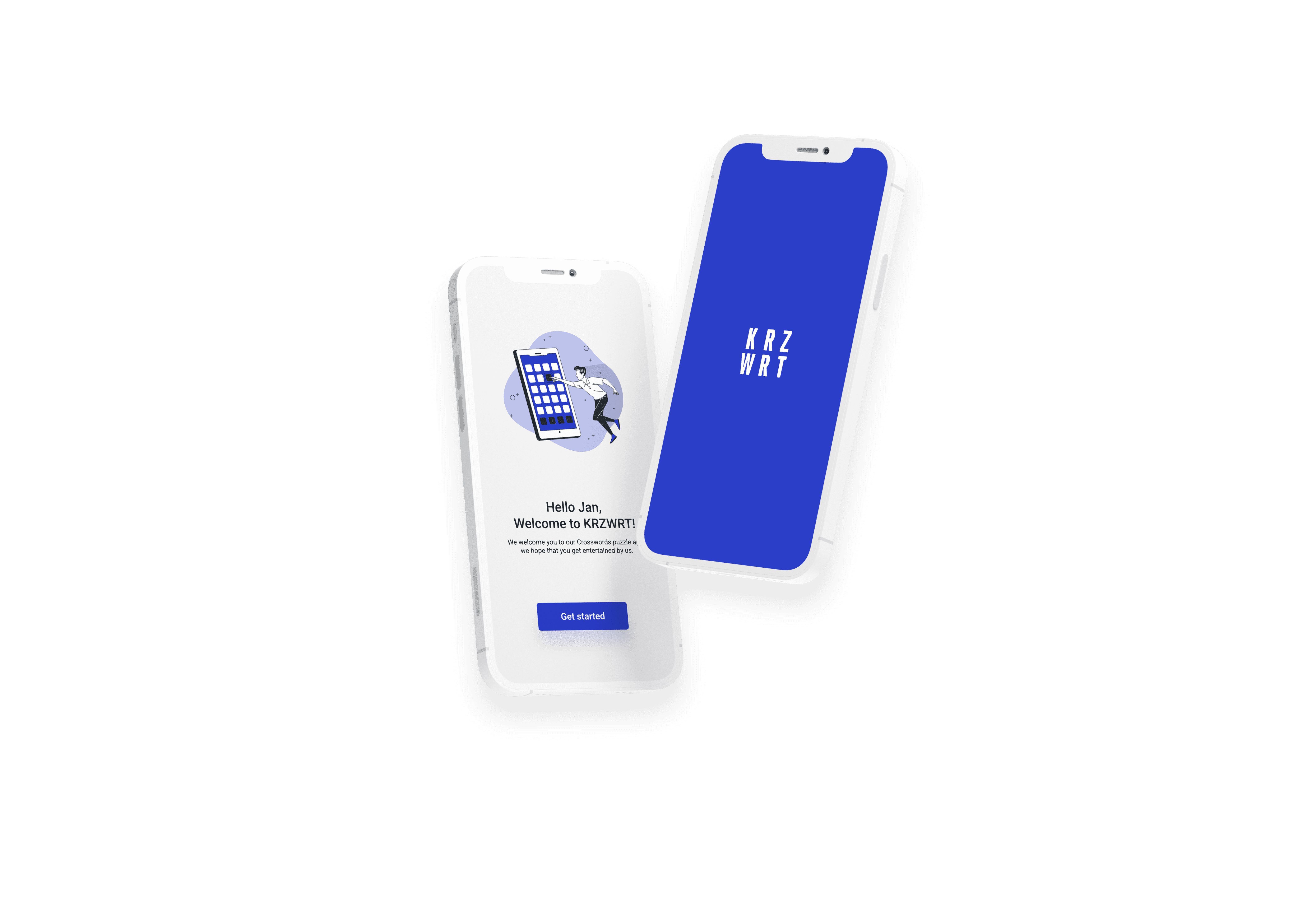 Mockups of Crossword puzzle mobile app UI/UX design for German users with a clean, minimal interface.