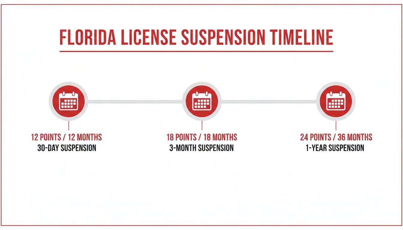 Timeline illustrating Florida driver's license suspension based on accumulated points over time.