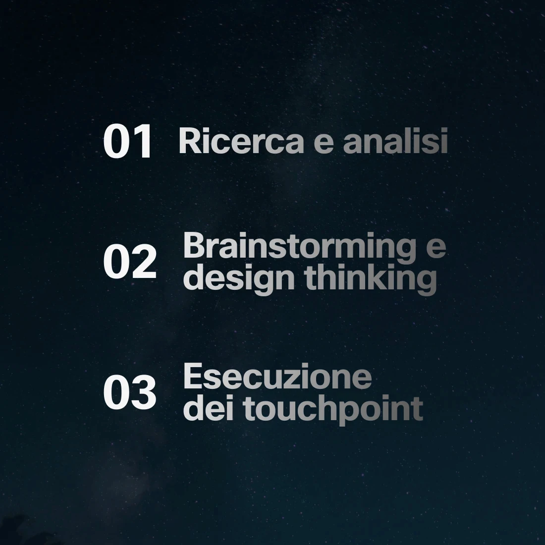 Fasi progettuali seguite: "1. Ricerca e analisi, 2. Brainstorming e design thinking, 3. Esezione dei touchpoint"