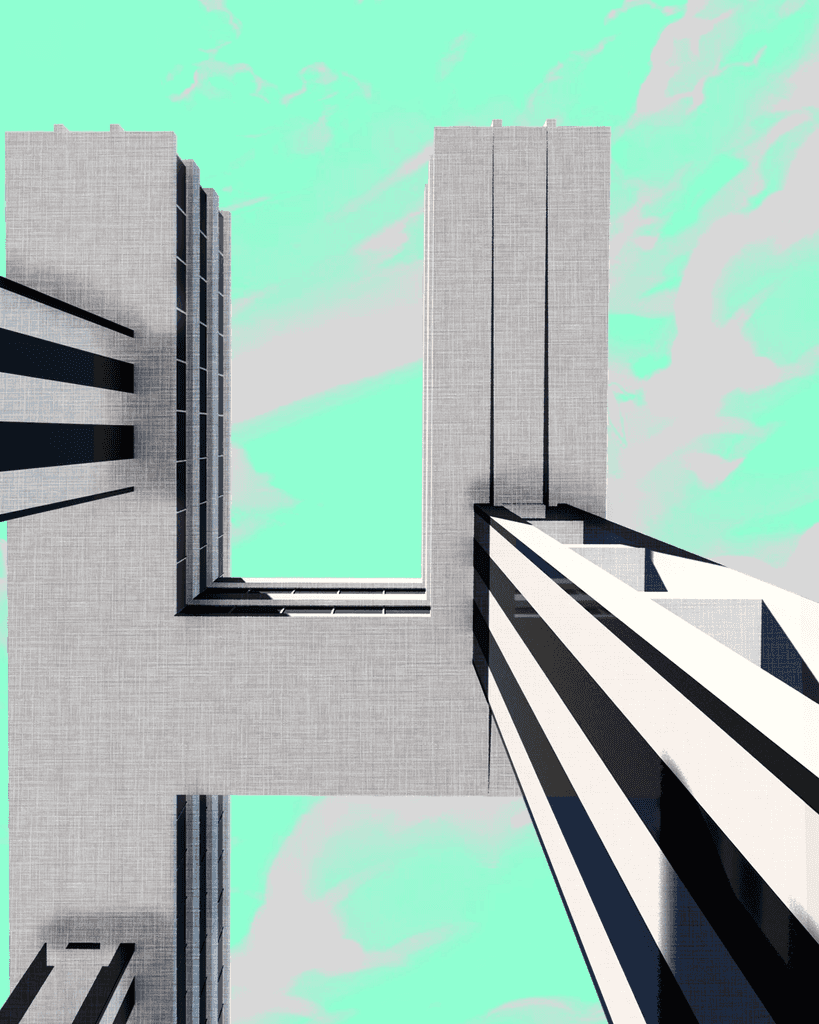 A building with white and black stripes against a green background.