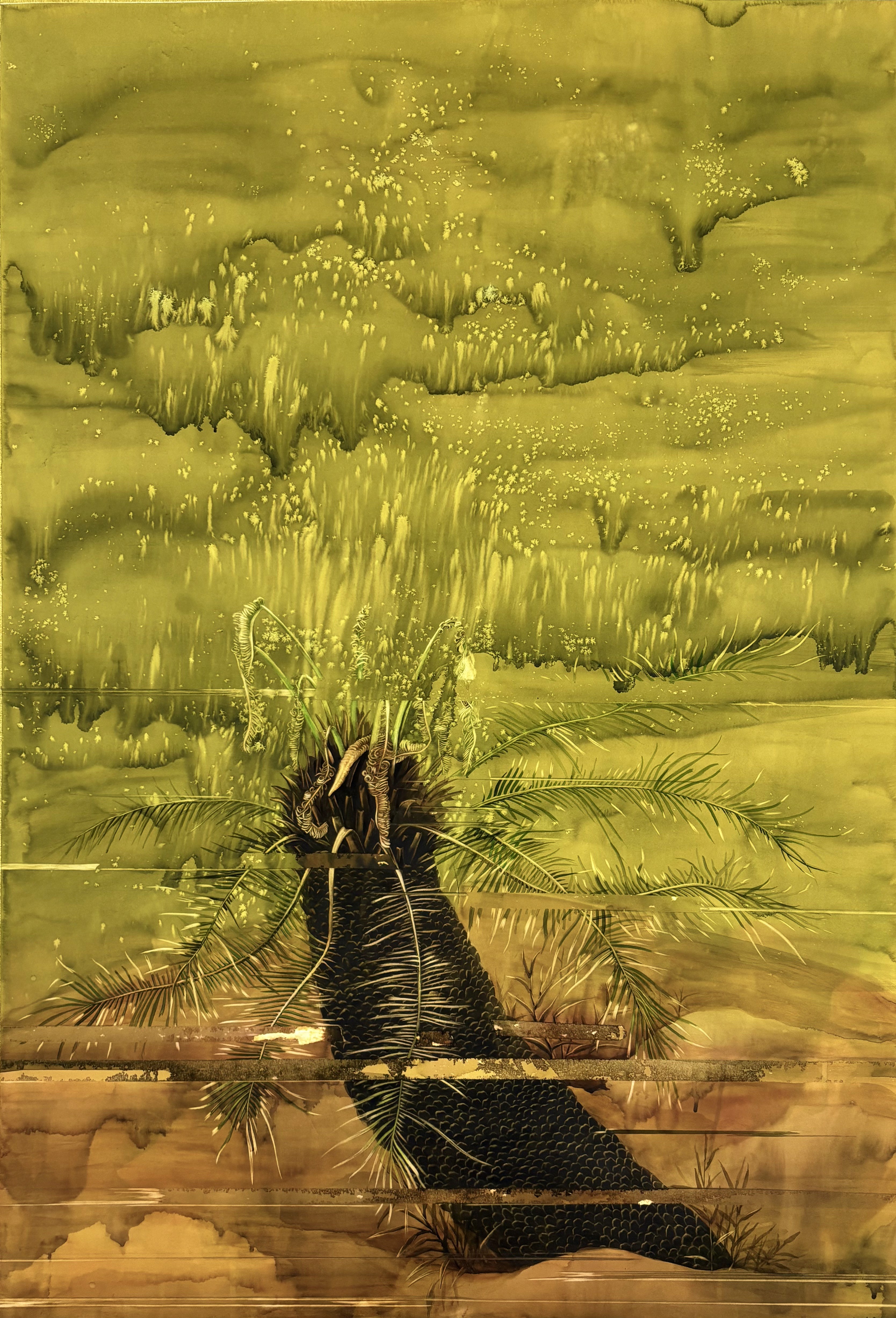 herd of sheep on road painting