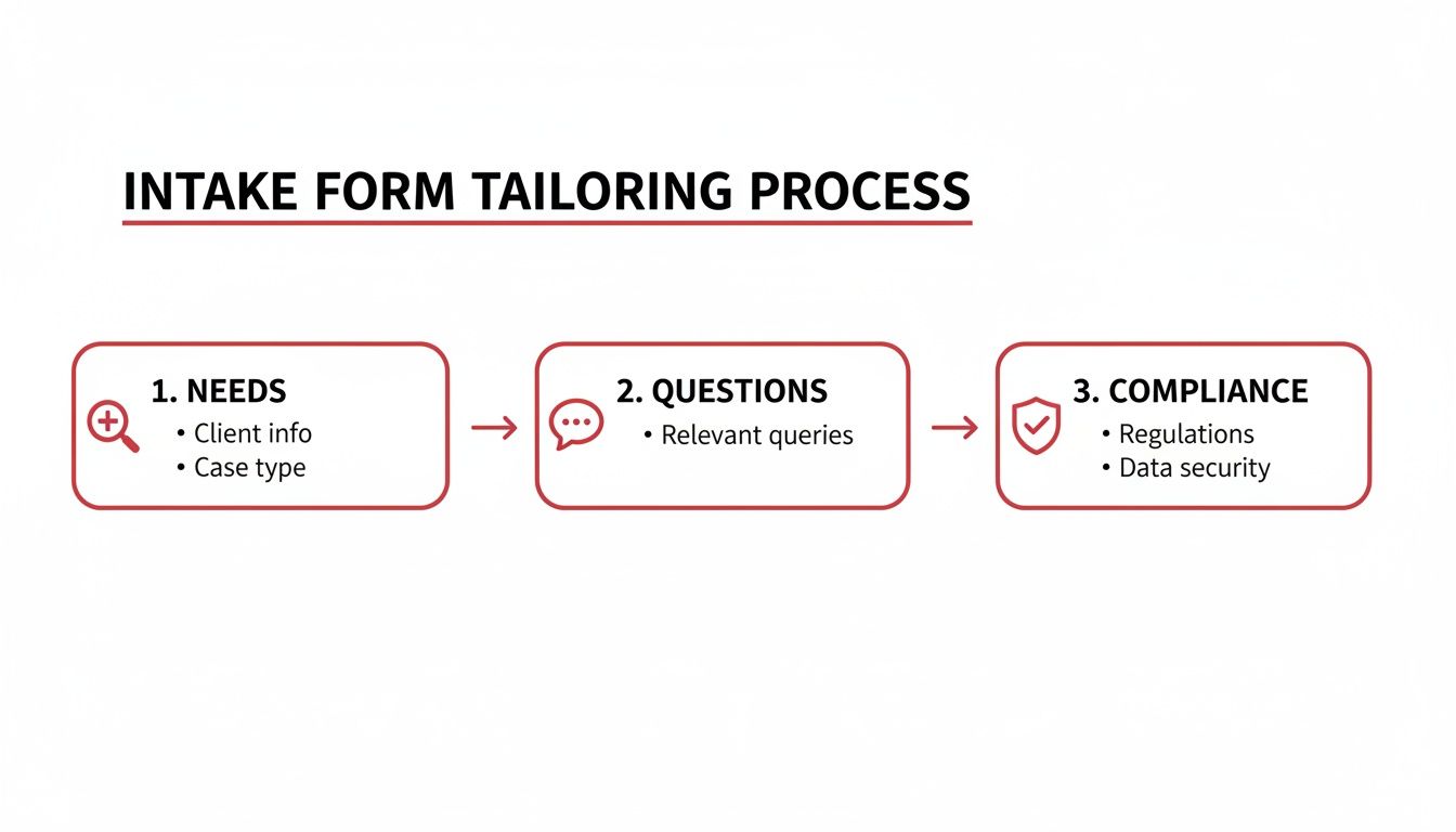 Flowchart detailing a three-step intake form tailoring process for client information and compliance.