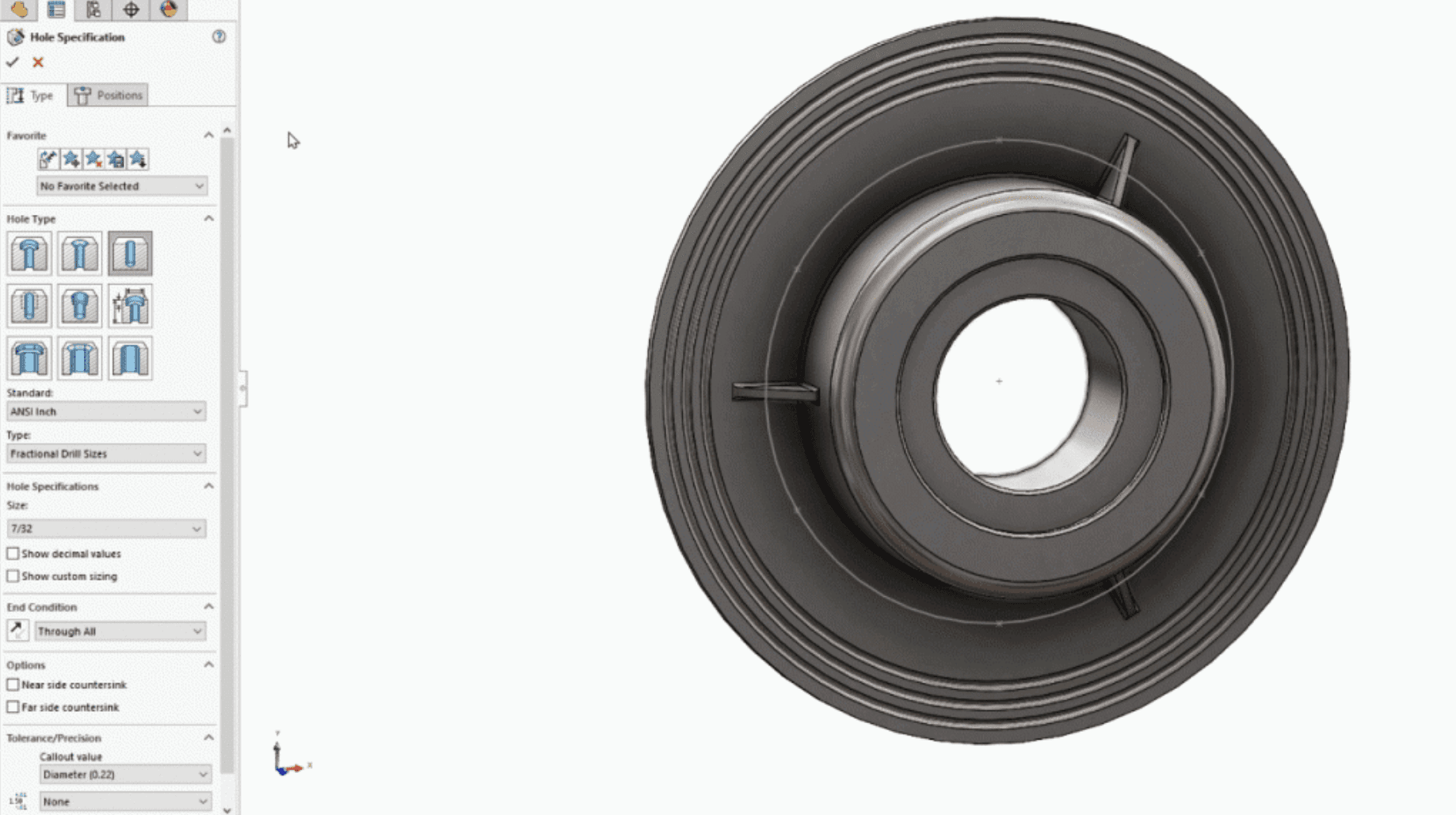 SOLIDWORKS Hole Wizard positioning holes using an existing sketch on a mechanical part.