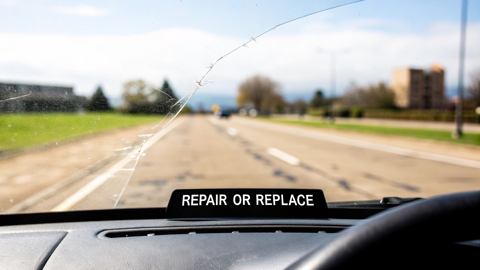 A close-up view of a technician pointing to a crack on a car windshield.