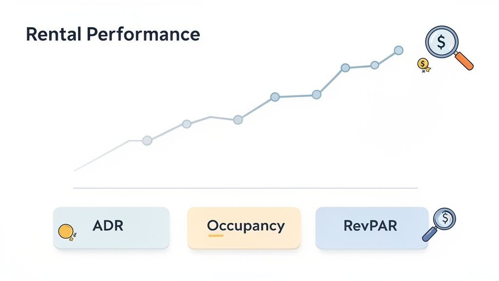 A line graph showing increasing rental performance trends with metrics for ADR, Occupancy, and RevPAR.