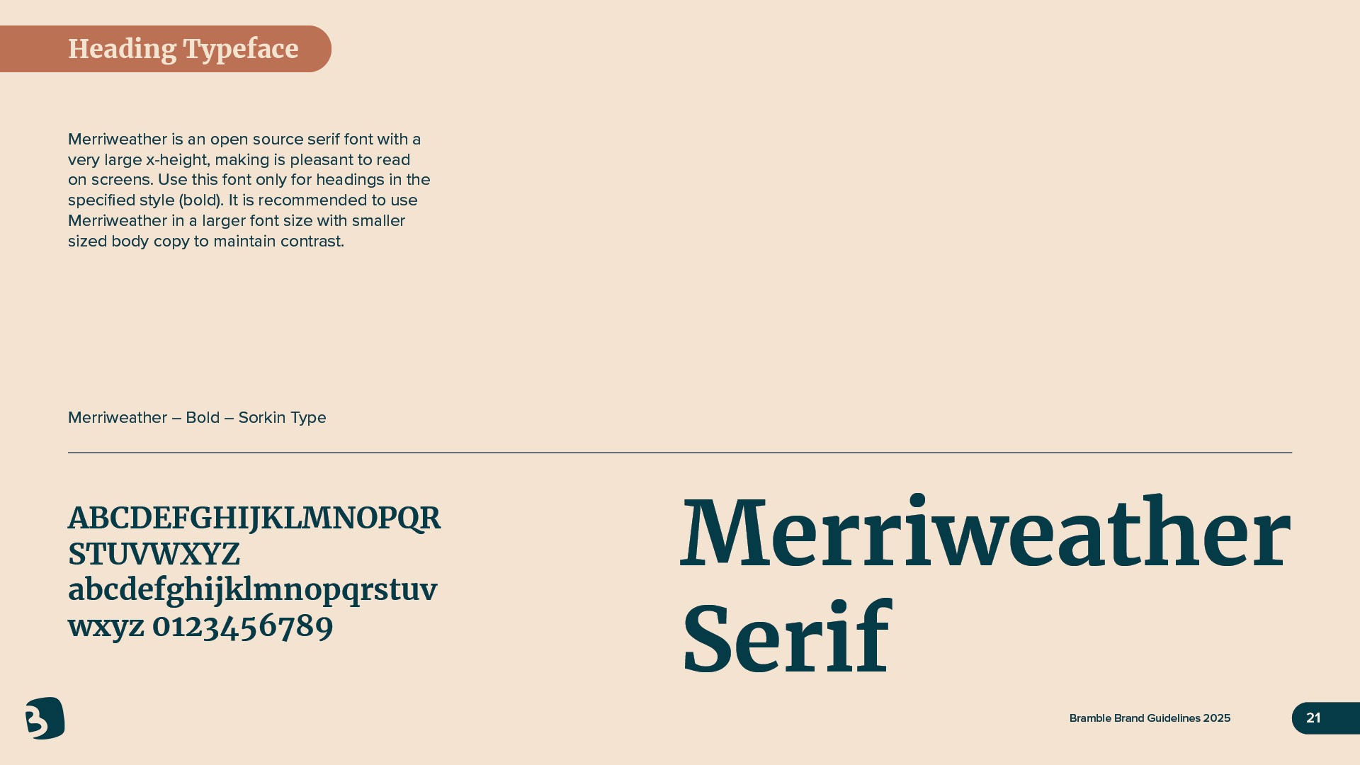 These images showcase the brand identity and marketing materials for Bramble, an outdoor equipment company. The first image displays the BrambleCo Instagram profile on a smartphone, featuring organic teal icons for story highlights and a grid of rugged landscape photography. The second image features a physical 2025 Catalogue resting on sand, with a full-bleed cover photo and the bold headline "Gear up for every adventure". The final image is a brand guidelines page specifying Merriweather Bold as the primary heading typeface, chosen for its high readability on screens.