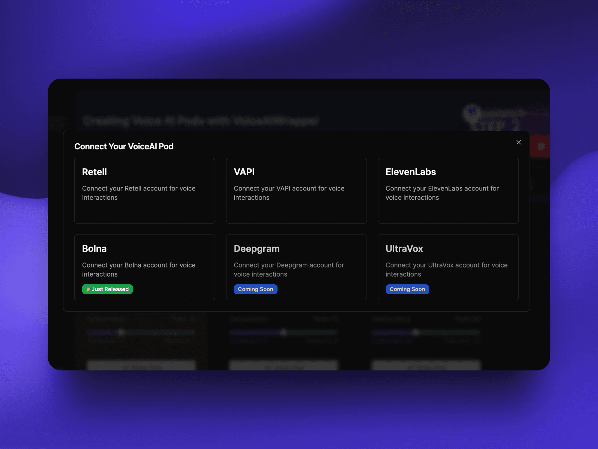 Callin.io alternative: White label leading voice AI providers like ElevenLabs conversational AI, Vapi, Retell, Deepgram, UltraVox, Bolna integration dashboard - connect multiple voice AI platforms under your brand for seamless voice interactions and AI-powered communication solutions | VoiceAIWrapper