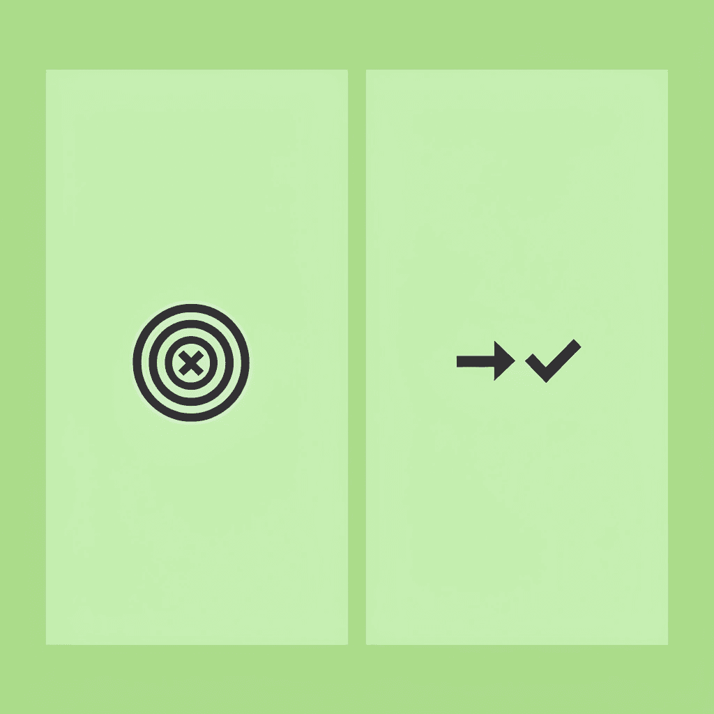 Before: X mark with 20+ scattered programs; After: checkmark with 8-12 targeted programs