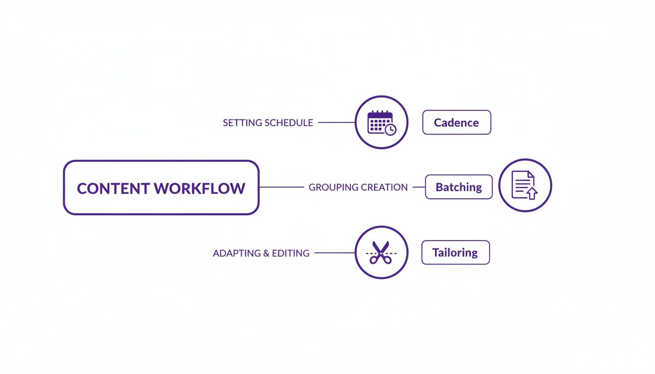 Content workflow diagram detailing strategies like Cadence for scheduling, Batching for grouping, and Tailoring for editing.