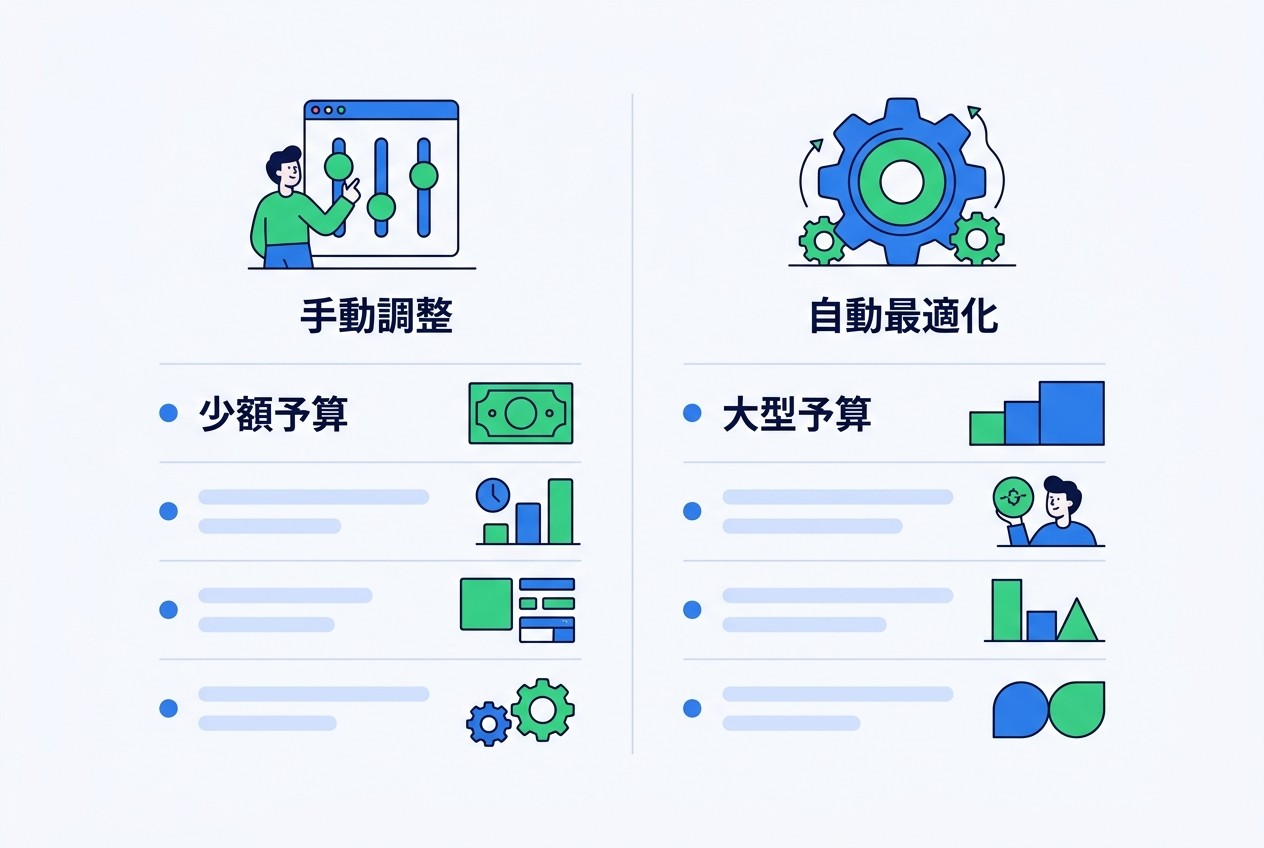月予算10万円未満は手動調整、50万円以上は自動最適化が基本戦略。予算規模に応じて最適な運用手法は大きく変わるため、無理に自動化を進めると逆効果になる。
