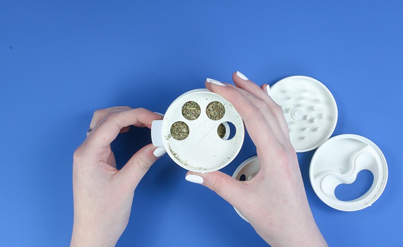 Two hands with painted fingernails hold a white plastic container with four circular openings. Inside the openings are small brown objects. The container is open, revealing its interior. Beside it, a separate white plastic lid with a circular cutout rests on a blue surface.