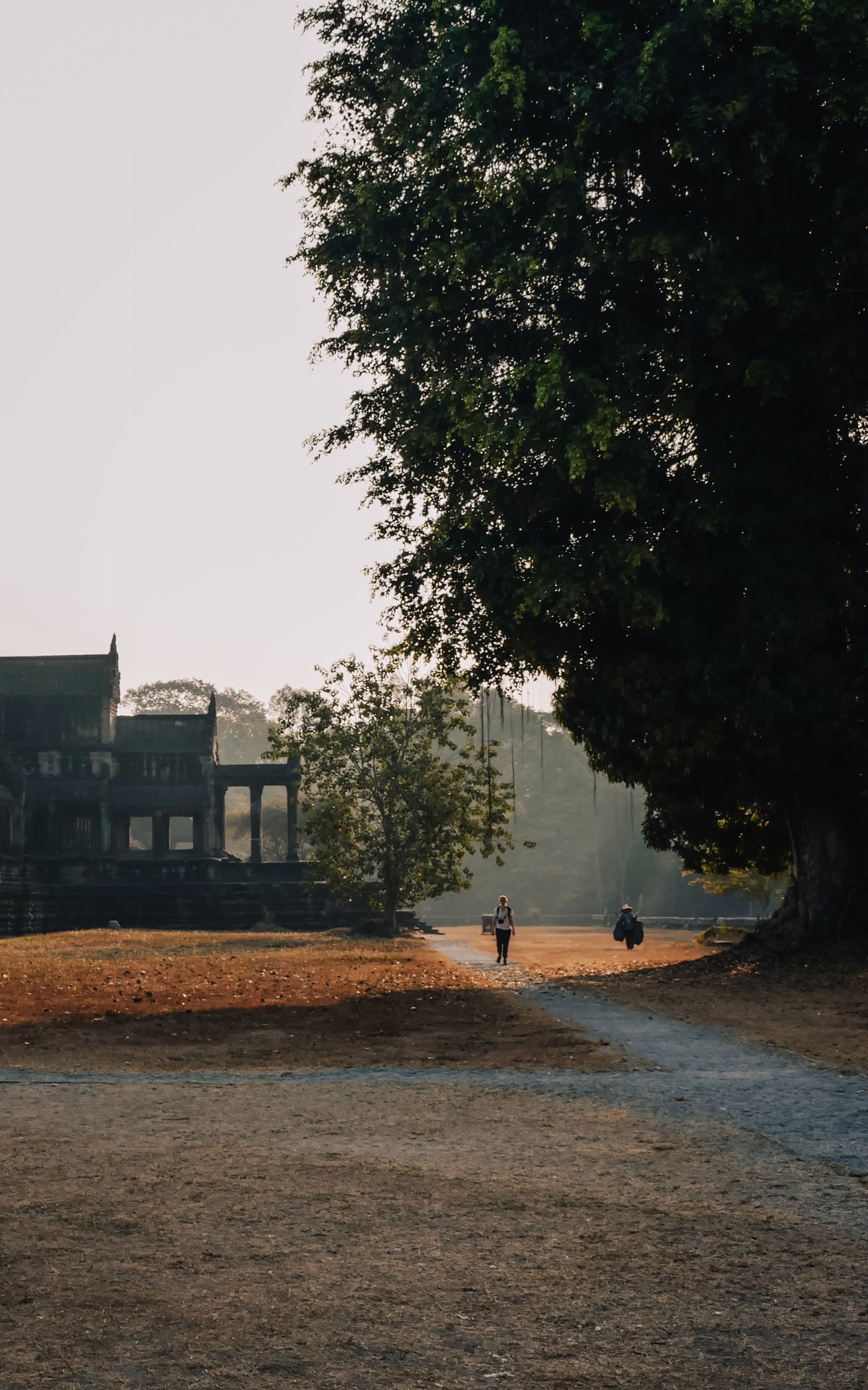 A man walking beside a temple