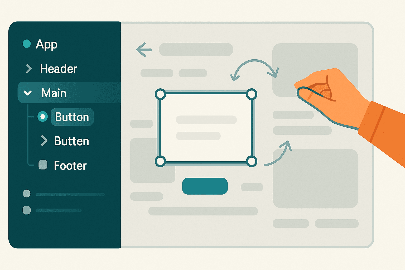 “Flat illustration showing draggable UI blocks synced with a component tree, visualizing PreVue’s prototyping workflow and real-time layout updates.”