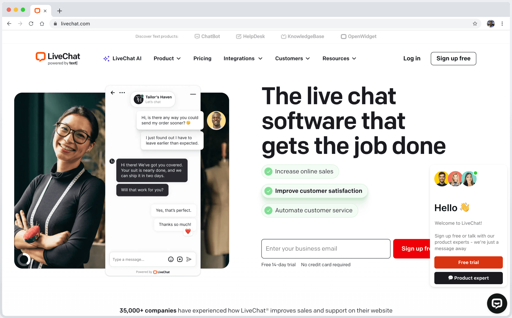 LiveChat software homepage showing live chat interface and benefits for online sales and customer satisfaction