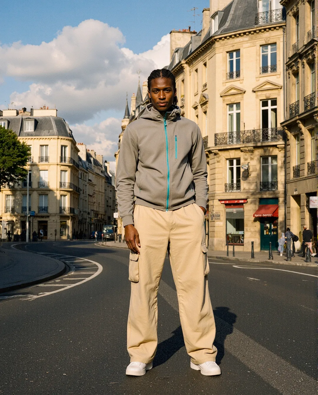 Person in gray hoodie and beige cargo pants standing on a Parisian street with classic architecture and blue sky in the background
