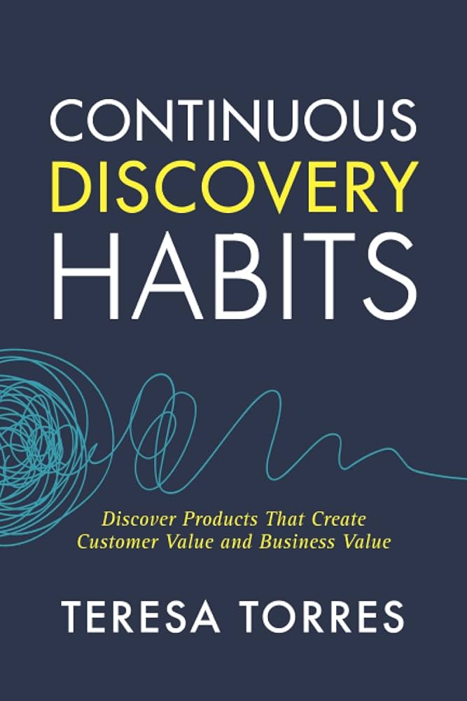 Continous discovery habits by Teresa Torres, light blue scribble on the dark blue background