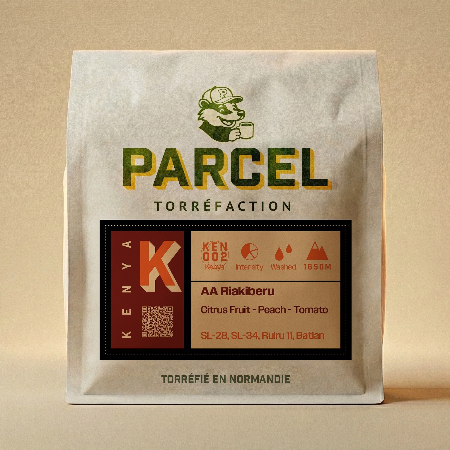 Parcel Torréfaction Kenya AA Riakiberu coffee bag labeled with citrus fruit, peach, and tomato tasting notes and varietals SL-28, SL-34, Ruiru 11, Batian, presented clearly for SEO and accessibility.