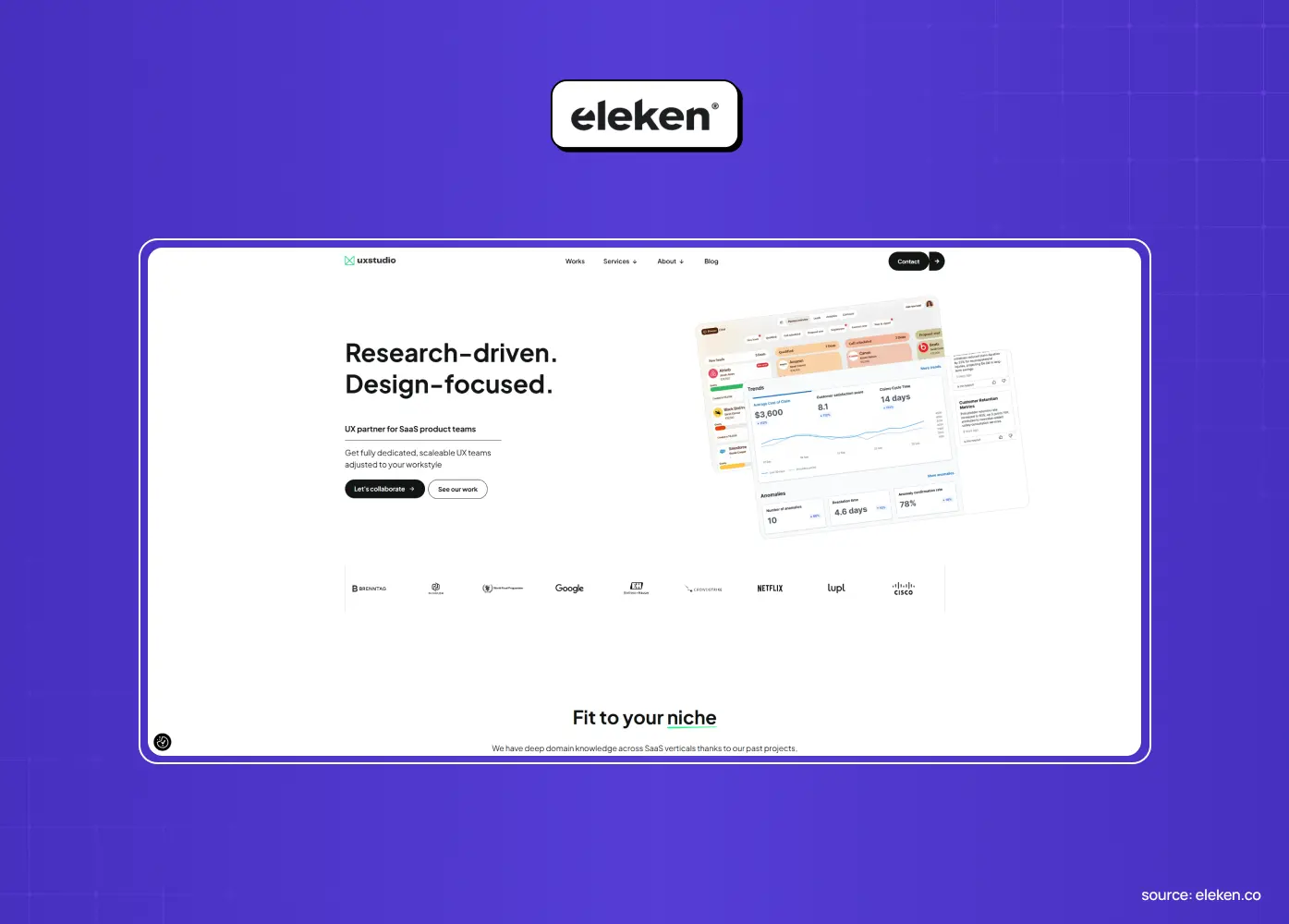 Research-driven design agency homepage displaying a SaaS dashboard mockup and messaging focused on specialized product design. 