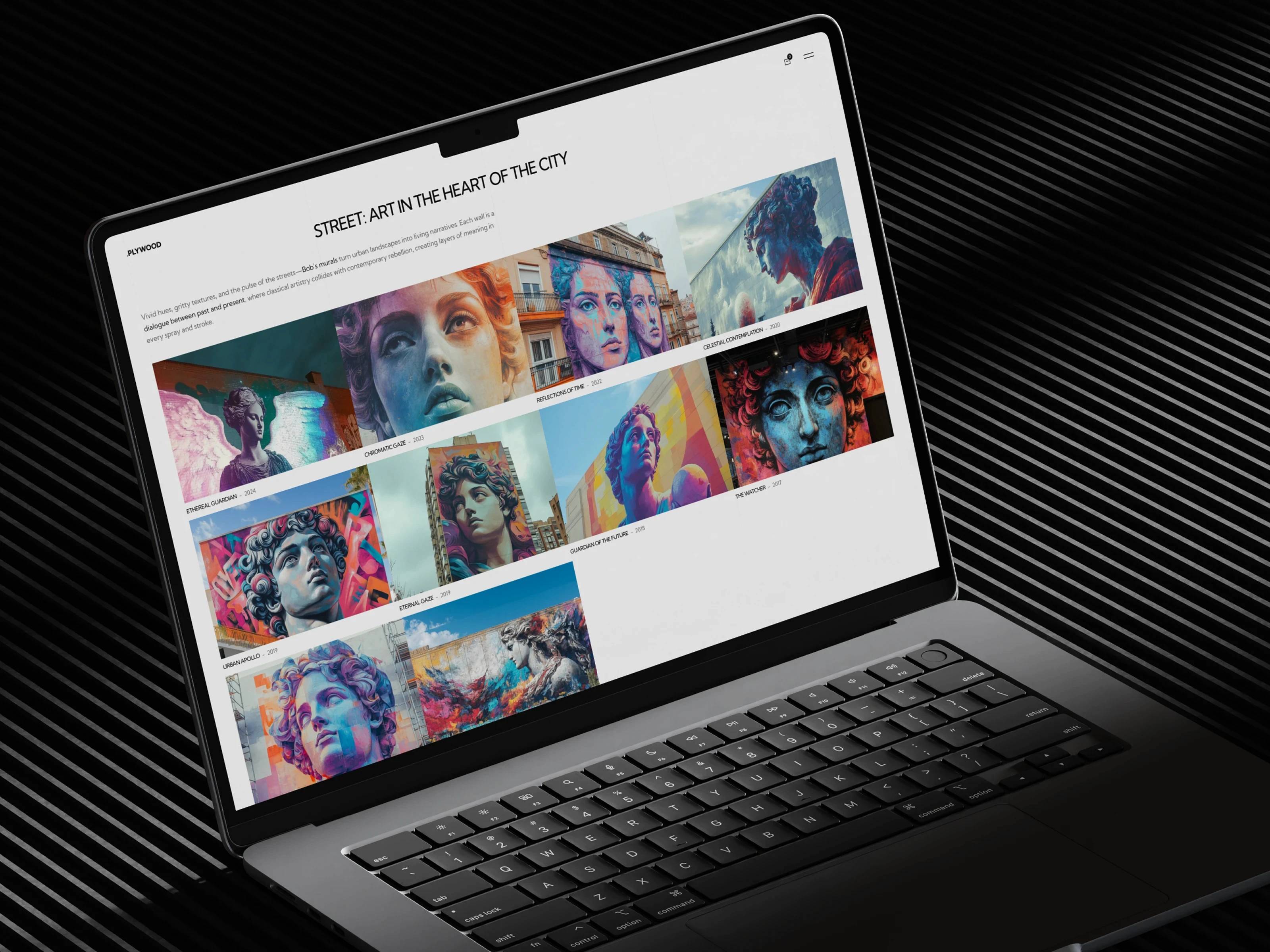 Laptop mockup showing street art gallery website with colorful mural photo grid layout